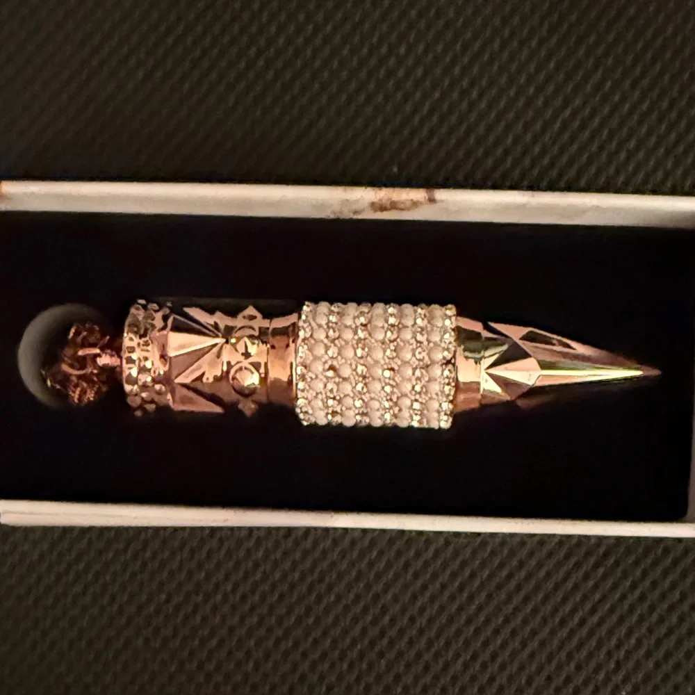 Bougie red matte lipstick rose gold case w pearls and rhinestones & chain